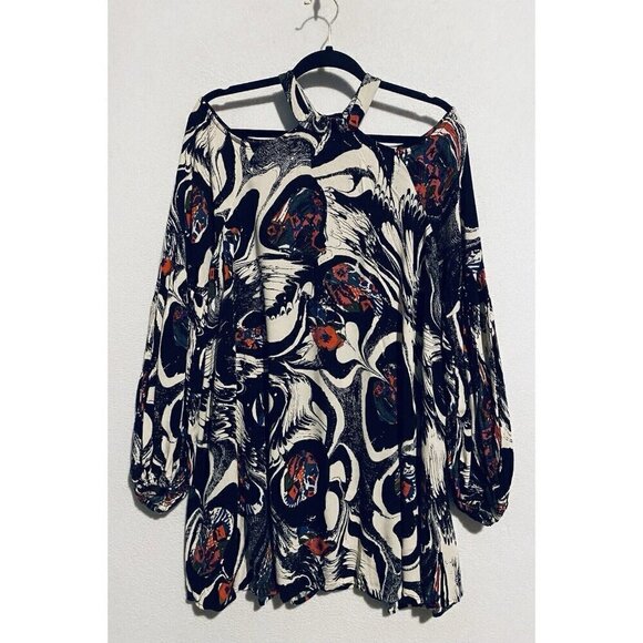 Free People Dress Womens Large Drift Away Black Abstract Cold Shoulder Tunic - Picture 2 of 10